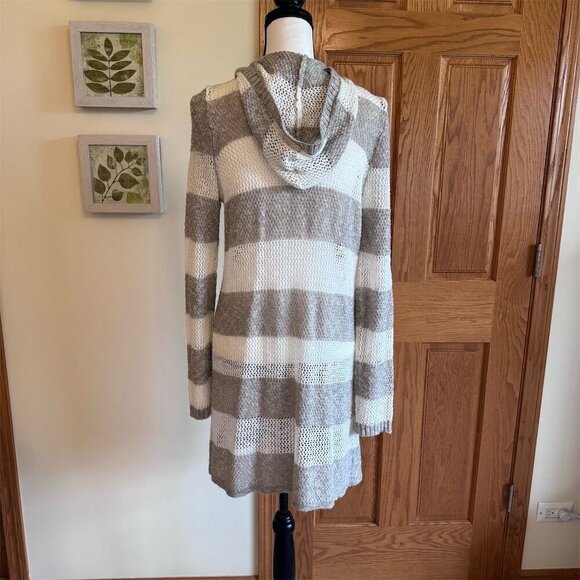 AGB Women's Hooded Longline Cardigan Tan Cream Striped Knit Sweater L - Picture 3 of 8